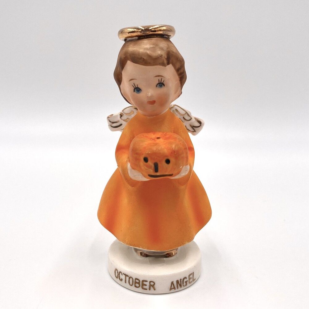 Vintage Ceramic October Angel Birthday Girl Figurine Pumpkin Halloween Japan MCM